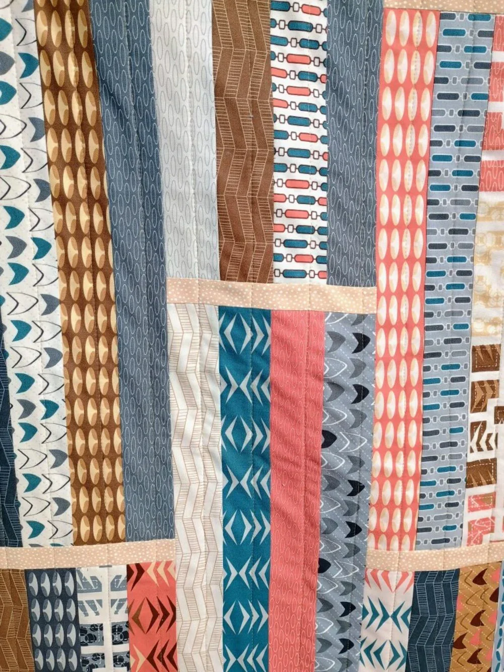 BN HANDMADE JELLY ROLL LAP QUILT MODERN NEUTRAL COLORS TAN GRAY TEAL